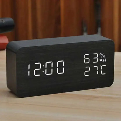 Digital LED Wooden Alarm Clock, Desk Clock, Voice Activated, Electronic Desktop Clock, Luminous Silent Alarm Clock