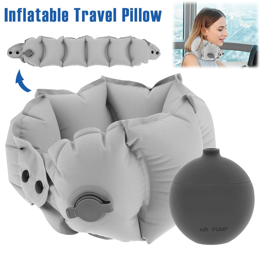 Inflatable Travel Pillow Soft Breathable Neck Headrest with Inflatable Pot 360° Support Airplane Pillow for Office Car Camping