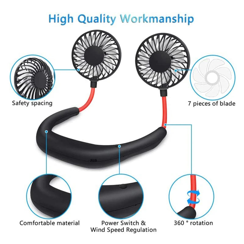 Newest Mini Wearable Usb Charging Air Cooling Conditioner Fan Portable Neck Fan Portable Outdoor Silent Neck Fan