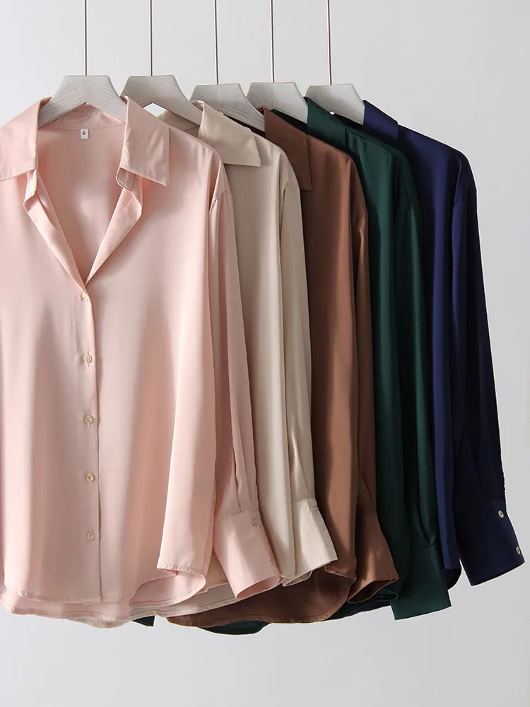 Office Wear Women Shirts Satin Blouse Luxury Pink Long Sleeve Formal Shirts Female Button Silk Tops For Women Elegant All-Match