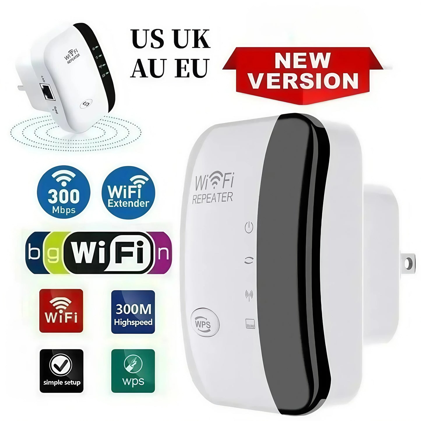 WiFi Extender 300Mbps - Wireless Signal Booster, EU/US Plug, Long Range Coverage Through Walls, Home Router Enhancer for Bedroom