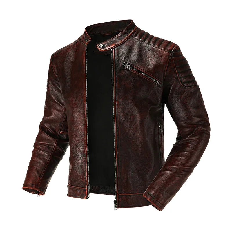 Copersian Men's Genuine Leather Jacket Natural Cowhide Hunting Jacket  Retro Motorcycle Jacket Spring Autumn Mens Clothes