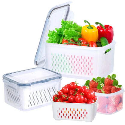 Fridge Food Storage Container Set with Lids with Strainer,Plastic Fresh Produce Saver Vegetable Fruit Meat Organizer