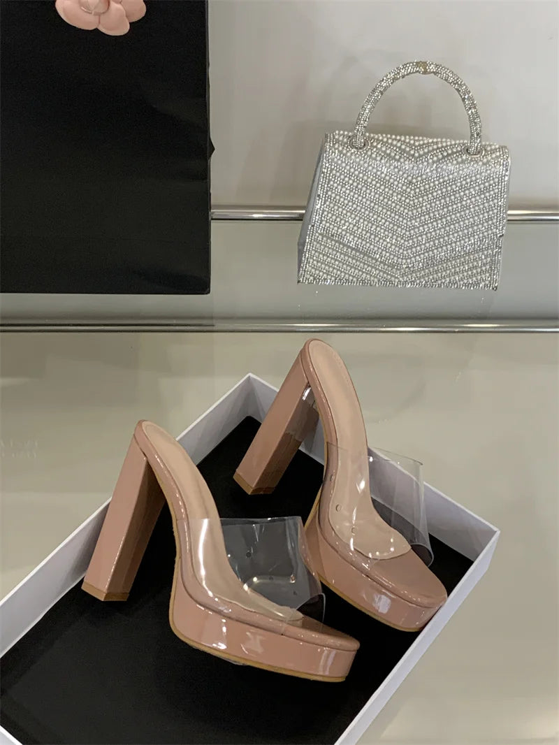 Liyke Summer Square Toe 12CM Thick High Heels Platform Slippers Ladies Chunky Sandals PVC Transparent Shoes Women Zapatos Mujer