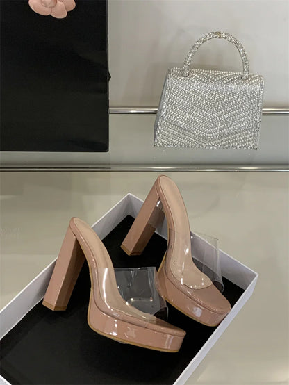 Liyke Summer Square Toe 12CM Thick High Heels Platform Slippers Ladies Chunky Sandals PVC Transparent Shoes Women Zapatos Mujer