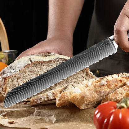 Bread Knife,8 inch Serrated Knife,Damascus laser Pattern Steel Bread Knife for Homemade Bread,Razor Sharp Edge for Slicing Bread