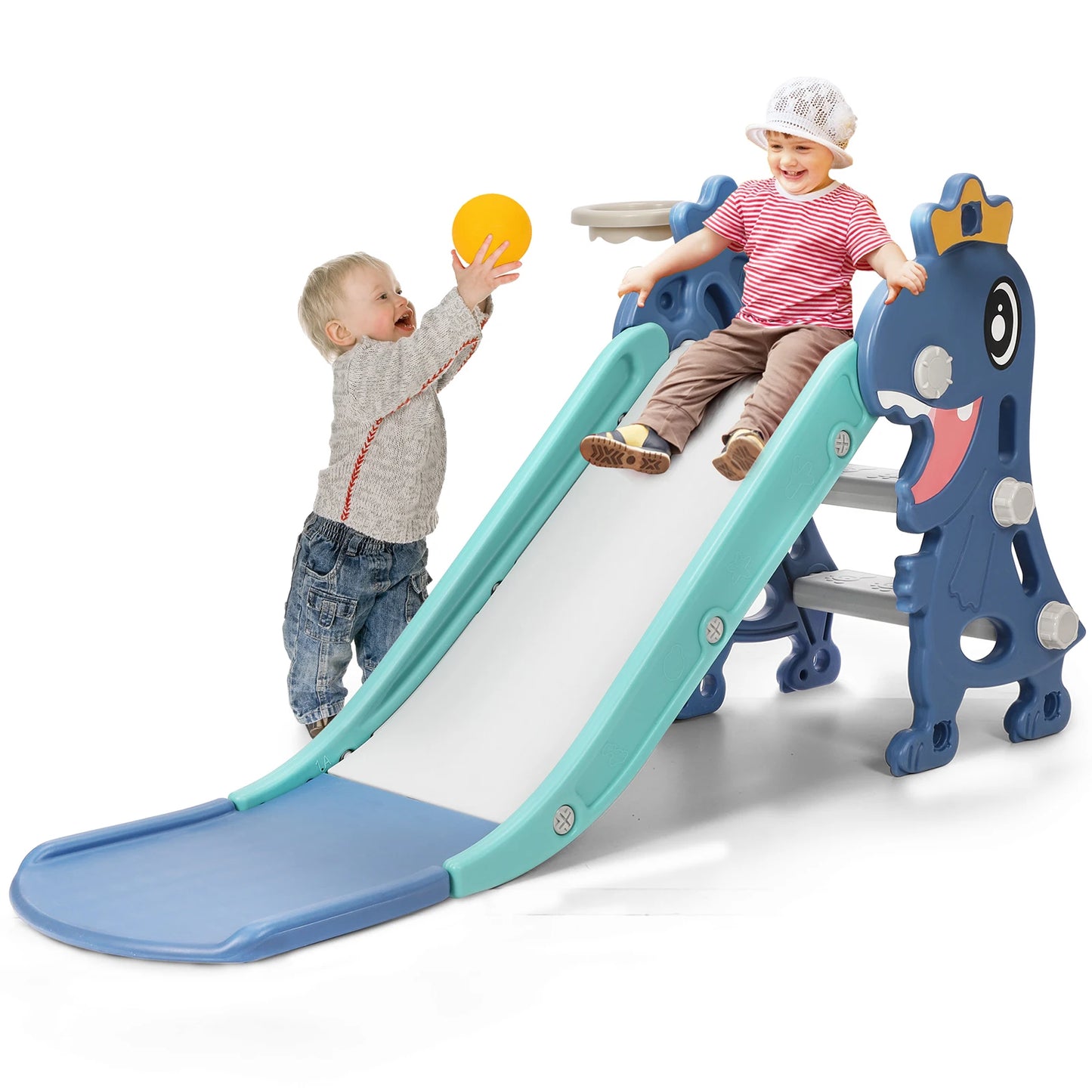 3 in 1Toddlers Slide Board Indoor Children Slide Kids Slide Dinosaur Shape Non Slip Stairs with Basketball Hoop Climber