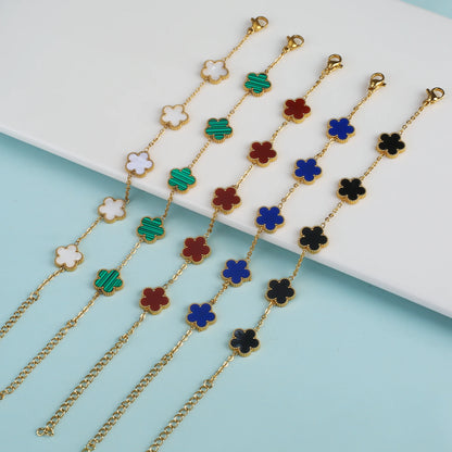 Silver Color New Design Plant Five Leaf Flower Bracelet Single sided Plum Blossom Stainless Steel Jewelry Women's Clover