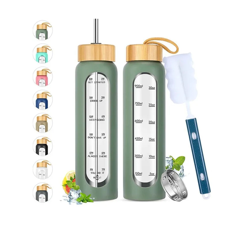 1000ML Glass Water Bottles With Straw, Glass Bottle With Silicone Sleeve And Time Marker, For Gym Home Office