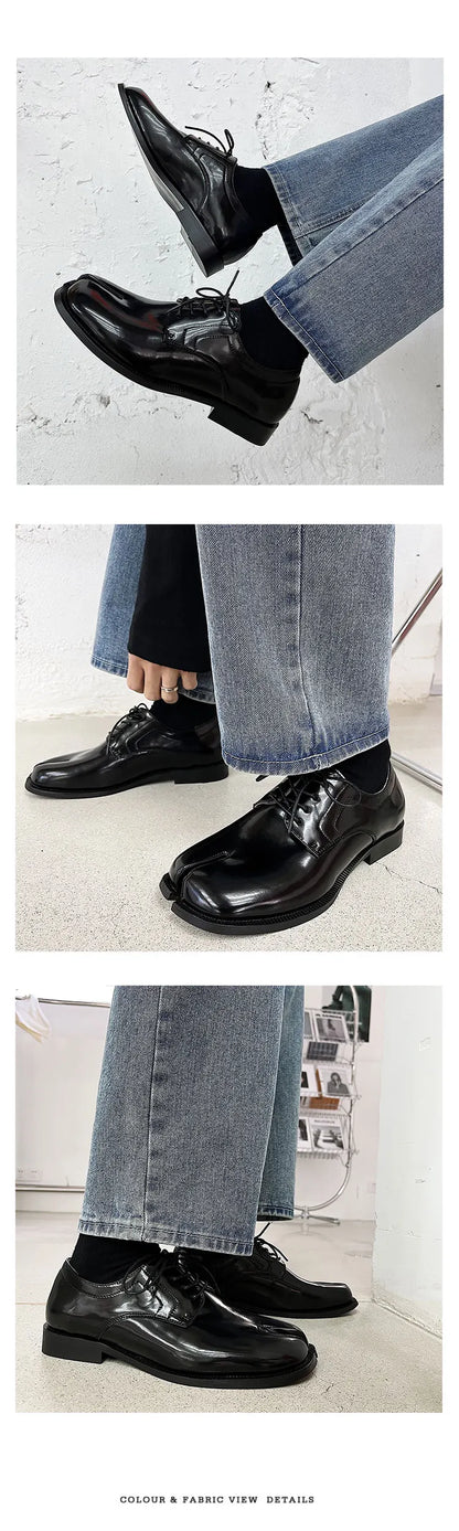 Horseshoe split toe couple leather shoes, Tabi shoes square toe cap unisex original design new Korean personality trend