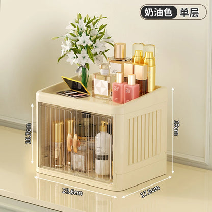 Cosmetics Storage Boxes Multi Layer Flat Cover Design Stationery Storage Shelf Household Dustproof Cosmetics Skincare Organizer