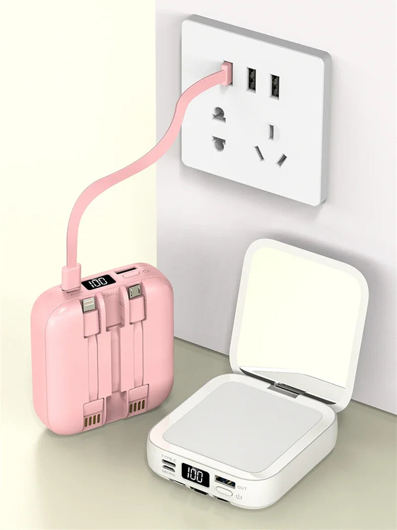 New Mini power bank 20000mAh with makeup mirror, fast charging, portable charger, power bank with cable, mobile phone power bank