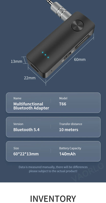 2-In-1 Wireless Audio Adapter Bluetooth 5.4 Receiver Transmitter 3.5mm AUX Lossless Sound MIC For Car Speaker TV PC Airplane