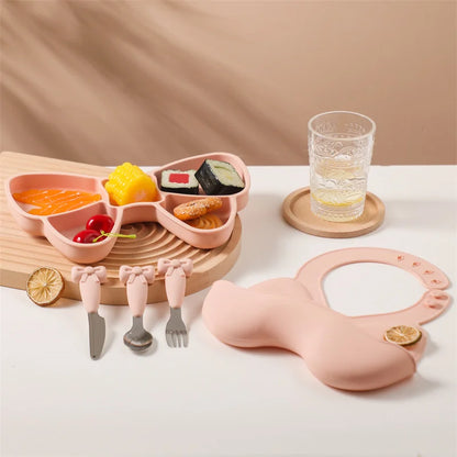 5Pc-Set Baby Cute Silicone Dining Plate Spoon Set for Baby Feeding Bow Bibs Straws Pad Fork Spoon Maternal Infant Supplies Gifts