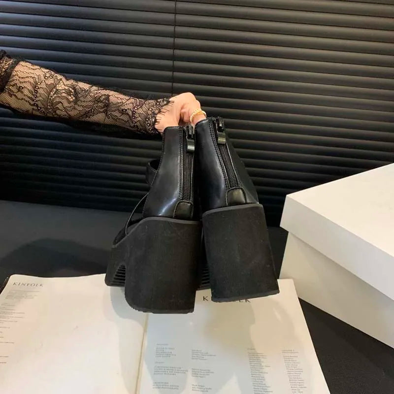 Black Gladiator Sandals Woman Platform High Heels Summer Back Zipper Shoes Punk Chunky Sandals Female Samdalias De Plataforma