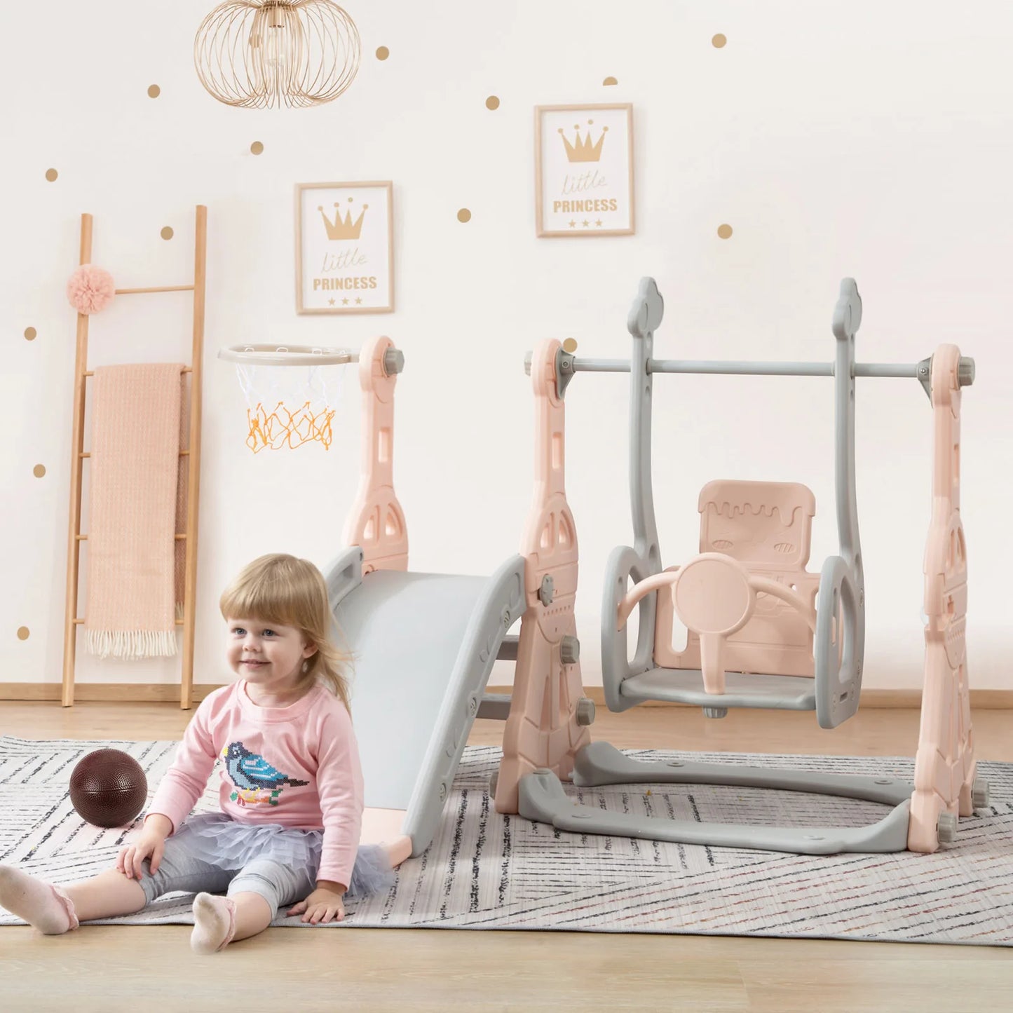 Slide for Children, 4 In 1 Children's Slide Swing with Basketball st, Climbing ladder, Swing Slide Garden Slide for Indoor Outdo