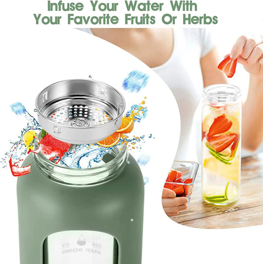 1000ML Glass Water Bottles With Straw, Glass Bottle With Silicone Sleeve And Time Marker, For Gym Home Office