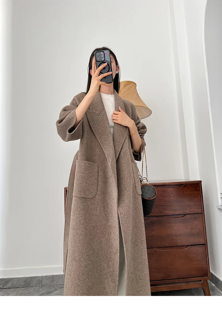 Office Lady Woolen Jackets 2024 Autumn And Winter Bathrobe Style Pocket Double-Sided Loose Lace -Up Tie Women's Long Wool Coats