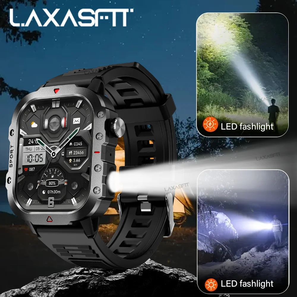LAXASFIT Sports Smart Watch Men's Outdoor Sports Fitness Tracker Health Monitor LED Flashlight 2.01” Bluetooth Talk Smart Watch