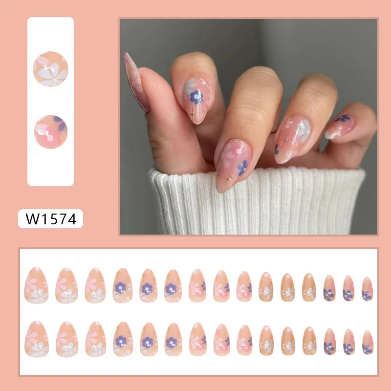 24pcs White Flower Fake Nail Tips Ins Yellow Pink Blush False Nails Wearable Full Cover European Almond Shaped Press on Nails