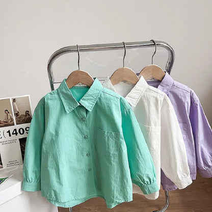 Baby Girl Boy Shirt Cotton Infant Toddler Child Loose Long Sleeve Blouses Solid Color Spring Autumn Summer Baby Clothes 1-10Y