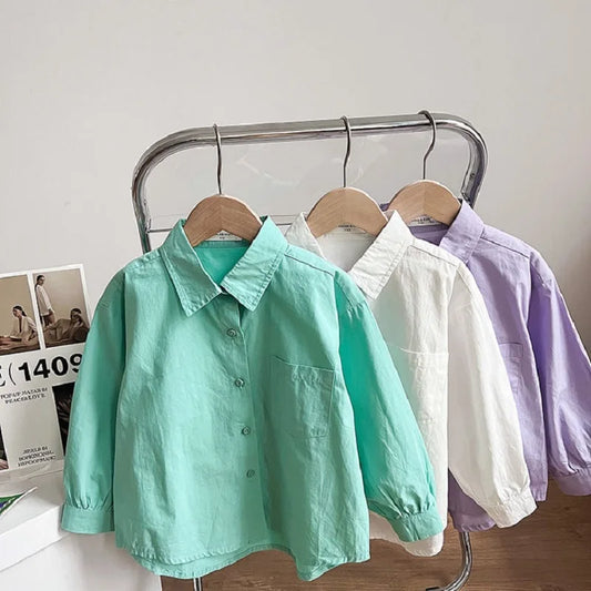 Baby Girl Boy Shirt Cotton Infant Toddler Child Loose Long Sleeve Blouses Solid Color Spring Autumn Summer Baby Clothes 1-10Y
