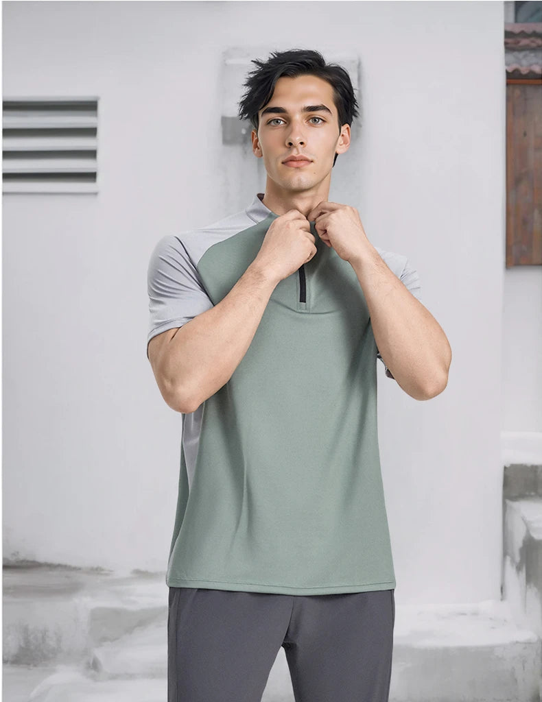 Sports T-shirt, men's half-zipper stand-up collar short-sleeved running top, summer sports training tennis clothes