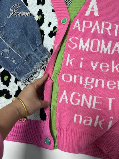 Joskaa Women Knitted Oversized Sweaters Y2k Denim Patchwork Leopard V-neck Long Sleeve Cardigans Coat Female Outwear Streetwear