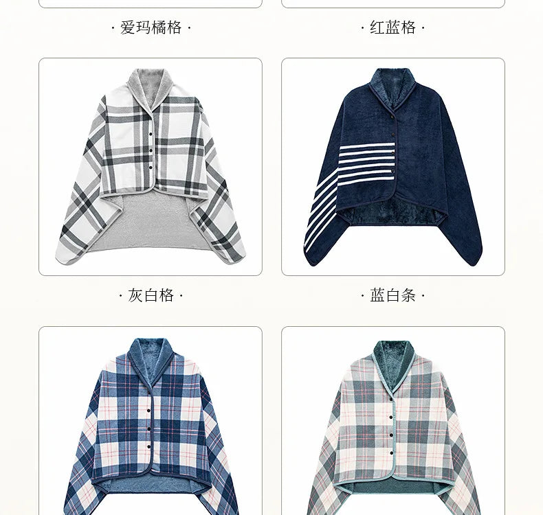Wearable Plaid Blanket Fleece Doublelayer Blankets With Button Thicken Multifunction Winter Warm Throw Blanket For Sofa Bed