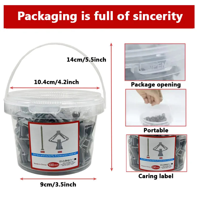 100pcs Drywall Anchor Kit Hollow Wall Anchors Plasterboard Plugs Screws Butterfly Expansion Tube Pipe 50 Set