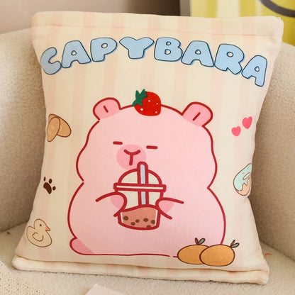 A Plushies Bag Pudding Toys Puff Balls Mini Cute Stuffed Animal Capybara Doll Removable Set Plush Pillow Snack Cushion Kids Gift