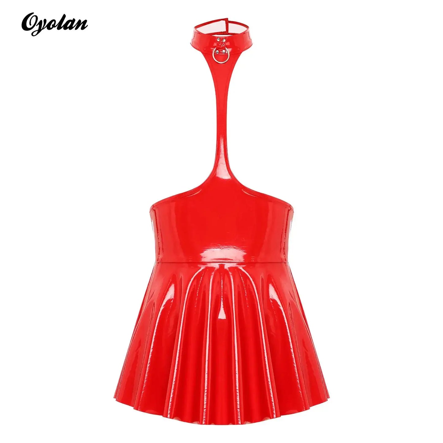 Womens Patent Leather Halter Latex Dress Wet Look Bare Breast Exposing Patent Leather Open Chest Halter Ruffled Latex Dresses