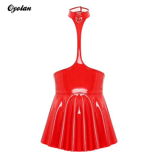 Womens Patent Leather Halter Latex Dress Wet Look Bare Breast Exposing Patent Leather Open Chest Halter Ruffled Latex Dresses