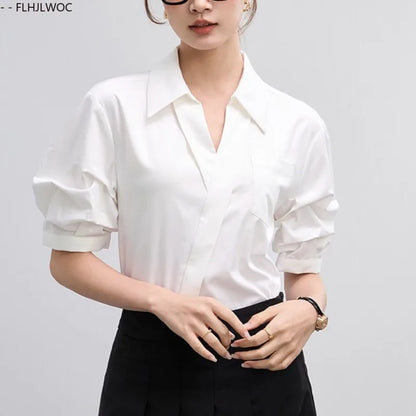 Office Lady Basics Fashion White Shirts New Women Summer Work Solid V Neck Tops Blouses French Design Interview Shirt Cotton