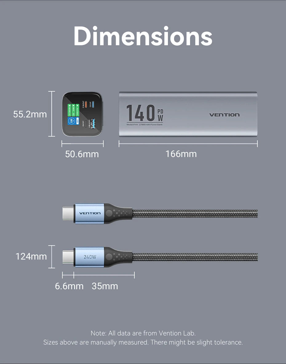 Vention Power Bank 140W 27000mAh Portable PD External Battery PowerBank 100W for Macbook Pro iPad iPhone Laptop Notebook Xiaomi