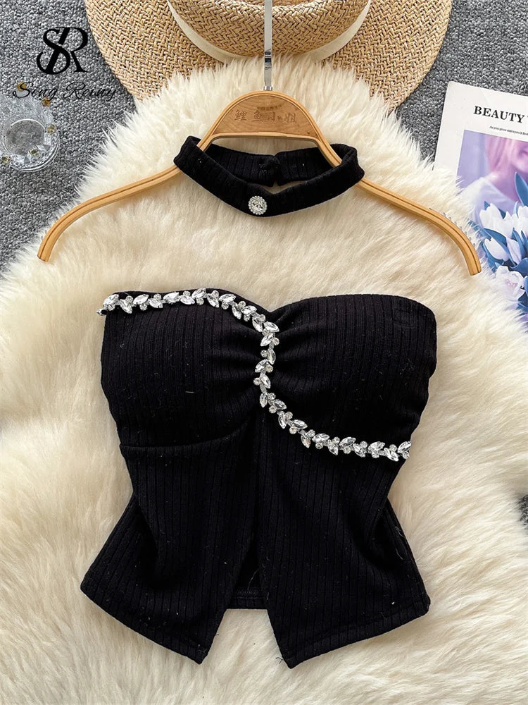 SINGREINY Strapless Sexy Ladies Top Summer Halter Beading Design Split Camisole Korean Skinny Streetwear Hotsweet Tank Top