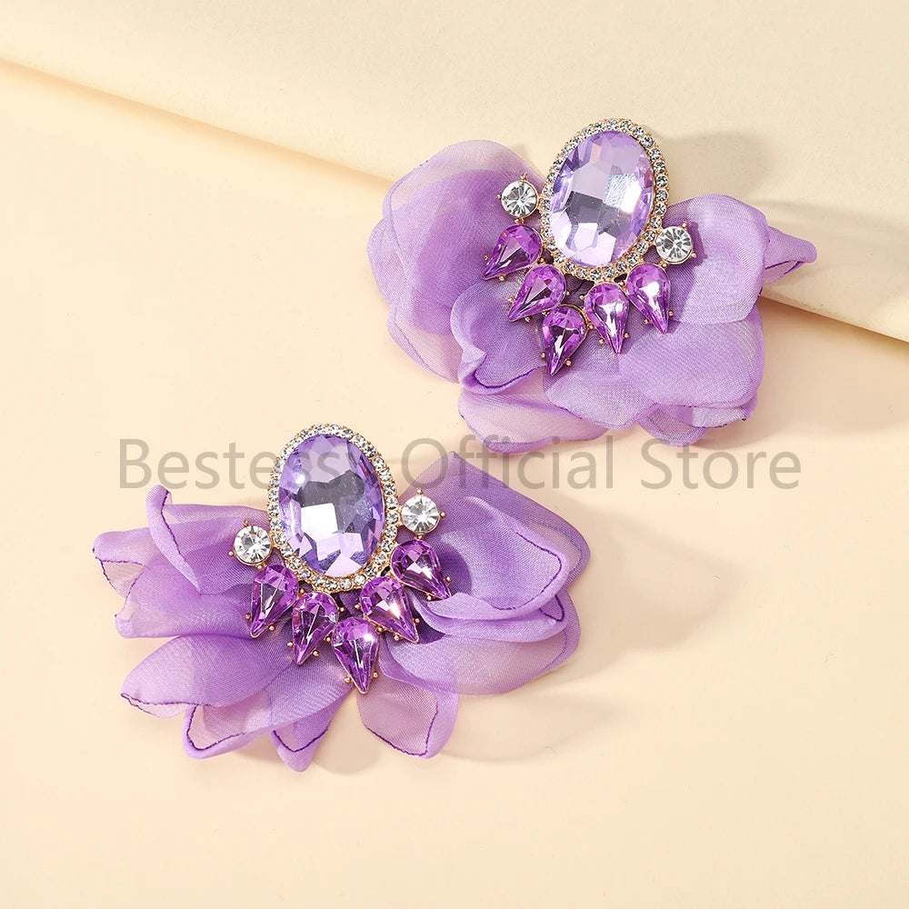 Bohemian Fabric Flower Earrings for Women Imitation Gemstone Floral Large Earrings Party Prom Beach Vacation Jewelry Accessories