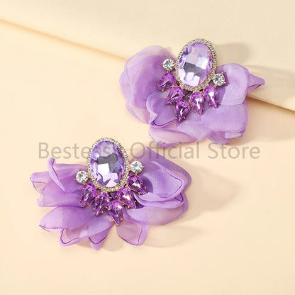 Bohemian Fabric Flower Earrings for Women Imitation Gemstone Floral Large Earrings Party Prom Beach Vacation Jewelry Accessories