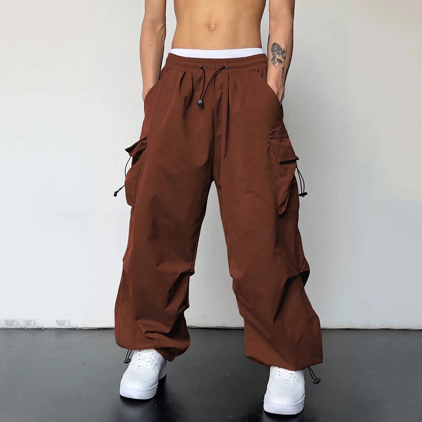 Mens Casual Sports Cargo Pants Woven Pocket Foot Rope Street Tie Solid Pants Mens Multi-Pockets Cargo Pants Pantalones Hombre