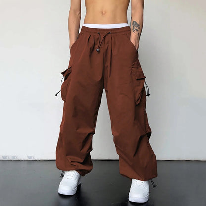 Mens Casual Sports Cargo Pants Woven Pocket Foot Rope Street Tie Solid Pants Mens Multi-Pockets Cargo Pants Pantalones Hombre