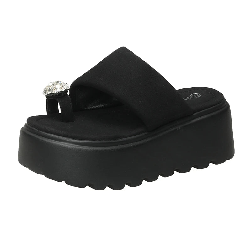 7cm Shiny Rhinestone High Platform Slippers Women Butterfiy-Knot Heels Chunky Sandals Woman Summer Thick Bottom Wedges Slides