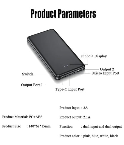 New Portable Power Bank 20000mAh Ultra Large Capacity 10W Super Fast Charger Dual Output Dual Input Design External Battery Pack