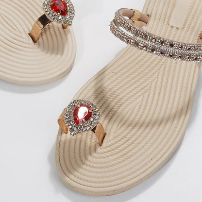 Flip-flops women 2024 summer new two-wear beach sandals European and American rhinestones soft soles flat slippers
