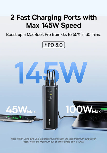 Baseus 145W Power Bank 20800mAh Dual USB A USB C PD 100W Fast Charging Digital Display Portable PowerBank for Laptop Phone Steam