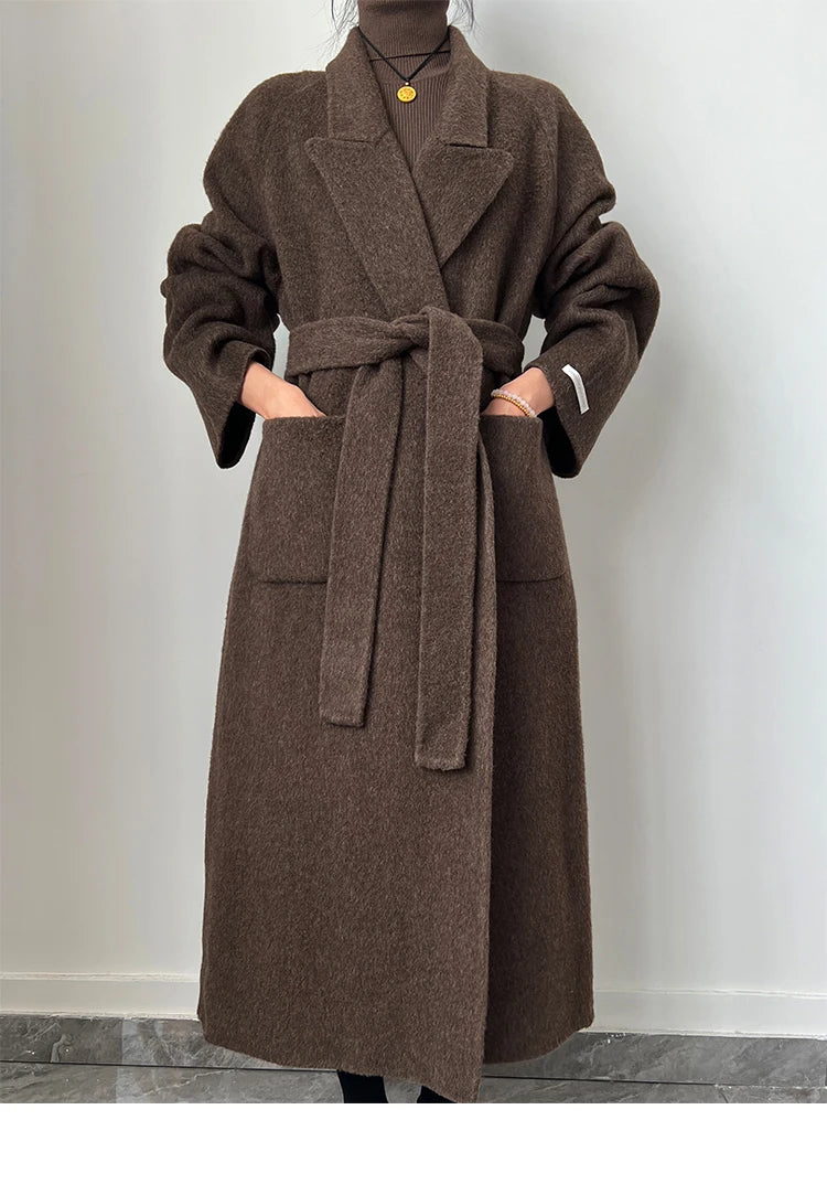 Office Lady Woolen Jackets 2024 Autumn And Winter Bathrobe Style Pocket Double-Sided Loose Lace -Up Tie Women's Long Wool Coats