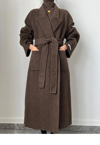 Office Lady Woolen Jackets 2024 Autumn And Winter Bathrobe Style Pocket Double-Sided Loose Lace -Up Tie Women's Long Wool Coats