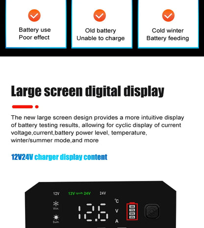 20A/10A Car Motorcycle Battery Charger 12V/24V Smart Charger Lithium AGM GEL Lead-Acid LiFePO4 Battery Chargers