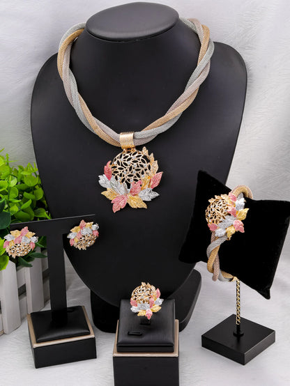 Women Multicolour Jewelry Set 18K Gold Plated Necklace Set Wedding Bridal Fashion Tassels Necklace Earrings Ring Gift