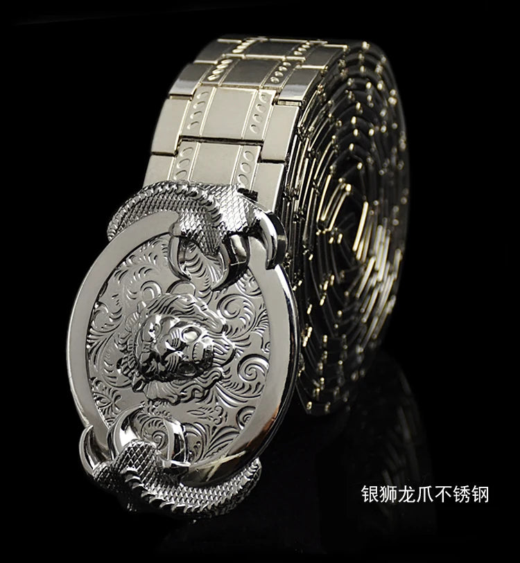 Men's belt metal stainless steel belt silver dragon retro-cologne silver belt high-end designer steel belt personality belt