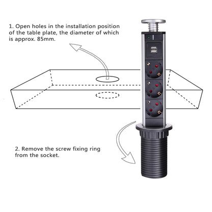 Wallpad Pull Pop Up Desktop Socket 3 Outlets 2.4A USB Ports or No 2M Extension Plug Retractable Aluminum Body For Kitchen Tabel